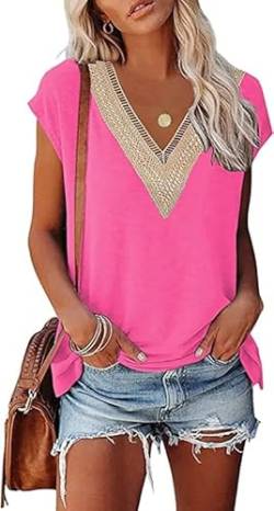 Tshirt Damen Hohl Spitze V Ausschnitt Solid Slim Fit Kurzarm Sommer Mode Bluse Damen Leicht Atmungsaktiv Bequem Casual Einfarbig Sexy Tops Rosa L von Ranphee