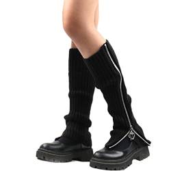 Ranuw Damen Gothic Punk gerippte gestrickte Beinstulpen Harajuku Seitlicher Reißverschluss Up Solid Color Boot Socks Student Knee High Foot Cover, BK, M von Ranuw