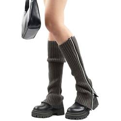 Ranuw Damen Gothic Punk gerippte gestrickte Beinstulpen Harajuku Seitlicher Reißverschluss Up Solid Color Boot Socks Student Knee High Foot Cover von Ranuw