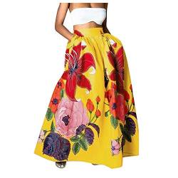 Damen Blumen Maxirock High Waist Party Lang Rock mit Tasche Blumenmuster Swing Strandrock Festlich Rock Hochzeit Cocktail Langrock (Gelb, XXL) von Raopuzi