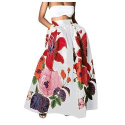 Damen Blumen Maxirock High Waist Party Lang Rock mit Tasche Blumenmuster Swing Strandrock Festlich Rock Hochzeit Cocktail Langrock (Weiß, XL) von Raopuzi