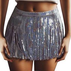 Frauen Boho Rave Rock Fransenrock Glitzer Pailletten Quaste Minirock Bauchtanz Hüfttuch Rave Party Festival Outfit Kostüm Damen Pailletten Quasten Rock Rave Bauchtanz Kostüm (Silver, L) von Raopuzi