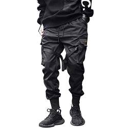 Herren Cargohose Arbeit Kampf Techwear Hose Hip Hop Mehrere Taschen Tapered Hosen Schnalle Riemen Jogginghose Freizeit Hose (Schwarz, L) von Raopuzi