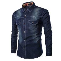 Herren Jeanshemd Stehkragen Hemd Retro Denim Tops Jeanshemd Denim Shirt Farbverlauf Einfach Moden Design Shirt mit Brusttasche Langarm Slim Fit Casual Freizeithemd für Männer (Dunkelblau, M) von Raopuzi