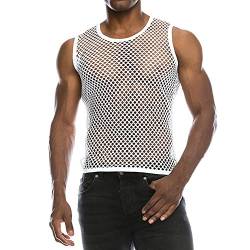 Herren Shirt Netzhemd Netzshirt ohne Arm Ringershirt Shirt ohne Arm schwarz Muskel Transparent Shirts ärmellos Netz Unterhemd (Weiß, 2XL) von Raopuzi