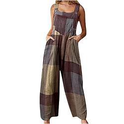 Jumpsuit Damen Breites Bein Latzhose Lang Ärmellos Overalls Sommer Träger Playsuit Romper Einteiler Strampler Retro Bootcut Hosenanzug Leinen Spielanzug Lose Trägerhose (Khaki, L) von Raopuzi