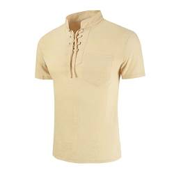 Leinenhemd Herren Kurzarm Sommerhemd Mittelalter Mit Schnürung Sommer Regular Fit Hemden Baumwolle T Shirt Einfarbig Slim Fit Freizeithemd Leinen Optik Kurzarmhemd Bequemes Hemd (Khaki, XL) von Raopuzi