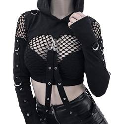 Raopuzi Damen Gothic Kleidung Crop Top Oversized Hoodie Off Shoulder Hollow Out Langarm Schwarz Punk Gothic Sweatshirts Punk H arajuku Stil Vintage Karneval F asching Kostüm 2023 (Black, S) von Raopuzi