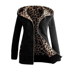 Raopuzi Damen Softshelljacke Warm gefüttert Leopard Winterjacke Winddicht mantel Oversized Dicker Wintermantel mit Tasche Zip Up Hoodie Midi Lang Jacke Übergangsjacke Sweatjacke Winter (Black, XXXL) von Raopuzi