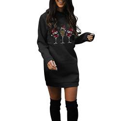 Weihnachten Sweatkleid Damen Rot Weinglas Druck Minikleid Lose Rundhals Weihnachtskleid Herbst Winter Weihnachtspullover Christmas Langarm Pulloverkleid Sweatshirt Kleider Strassenmode (Black#1, S) von Raopuzi