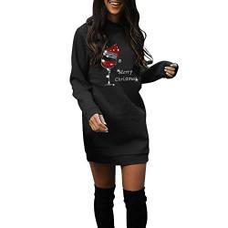 Weihnachten Sweatkleid Damen Rot Weinglas Druck Minikleid Lose Rundhals Weihnachtskleid Herbst Winter Weihnachtspullover Christmas Langarm Pulloverkleid Sweatshirt Kleider Strassenmode (Black#2, L) von Raopuzi