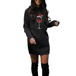 Weihnachten Sweatkleid Damen Rot Weinglas Druck Minikleid Lose Rundhals Weihnachtskleid Herbst Winter Weihnachtspullover Christmas Langarm Pulloverkleid Sweatshirt Kleider Strassenmode (Black#3, L) von Raopuzi