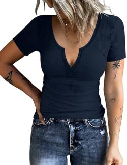 Rapbin Basic Shirt Damen Kurzärmeliges T-Shirt mit V-Ausschnitt Sommer Baumwolle Oberteile Frauen Kurzarmshirt Tops Tee (Navy blau,XXL) von Rapbin