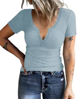 Rapbin Baumwoll Tshirt Damen Kurzärmeliges T-Shirts mit V-Ausschnitt Sommer Basic Oberteile Frauen Kurzarmshirt Tops (B-Blau,L) von Rapbin