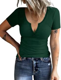 Rapbin Baumwoll Tshirt Damen Kurzärmeliges T-Shirts mit V-Ausschnitt Sommer Basic Oberteile Frauen Kurzarmshirt Tops (Dunkelgrün,L) von Rapbin