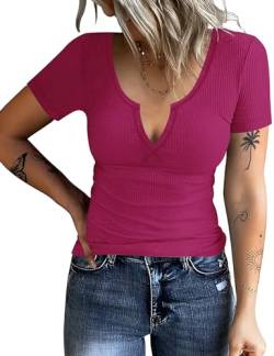 Rapbin Baumwoll Tshirt Damen Kurzärmeliges T-Shirts mit V-Ausschnitt Sommer Basic Oberteile Frauen Kurzarmshirt Tops (Rose Rot,L) von Rapbin