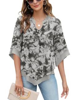 Rapbin Blusen Tunika Damen Blumen Tops V-Ausschnitt Oberteil Elegant Lässige Damenblusen Kurzarm Locker Leicht Shirts Grauer Druck L von Rapbin