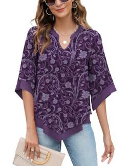 Rapbin Damen Blumen Tunika Tops Bluse 3/4 Arm Oberteile Shirt Elegant Doppellagig V-Ausschnitt Locker Leicht Shirts Lila Druck L von Rapbin