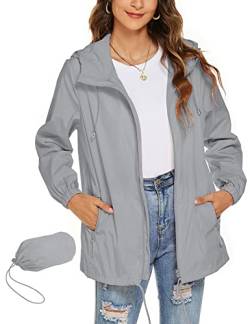 Rapbin Damen Jacke Sommer Wasserdicht Atmungsaktive Sommer Regenmantel Outdoor Wandern Reisen Faltbare Regenjacke(Grau,XXL) von Rapbin