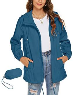 Rapbin Damen Jacke Sommer Wasserdicht Atmungsaktive Sommer Regenmantel Outdoor Wandern Reisen Faltbare Regenjacke(Pfauen Blau,XXL) von Rapbin