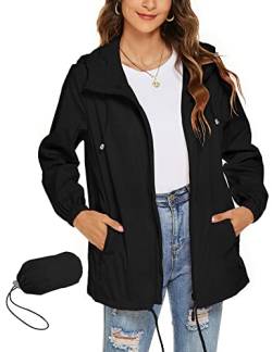 Rapbin Damen Jacke Übergangsjacke Wasserdicht Winddicht Faltbare Regenjacke Leicht Dünne Faltbare Regenmantel(Schwarz,XXL) von Rapbin