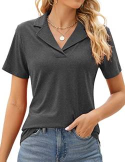 Rapbin Damen Kerbkragen Hemd V Ausschnitt Kurzarm Bluse Elegant Casual Tunika Tops, GRAU, Mittel von Rapbin