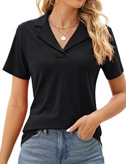 Rapbin Damen Kerbkragen Hemd V Ausschnitt Kurzarm Bluse Elegant Casual Tunika Tops, Schwarz, X-Groß von Rapbin