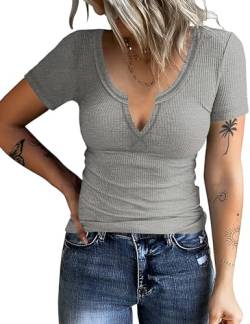 Rapbin Damen Kurzärmeliges T-Shirt mit V-Ausschnitt Sommer Basic Baumwolle Oberteile Frauen Kurzarmshirt Tops Tee Shirts (B-Grau,S) von Rapbin