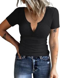 Rapbin Damen Kurzärmeliges T-Shirt mit V-Ausschnitt Sommer Basic Baumwolle Oberteile Frauen Kurzarmshirt Tops Tee Shirts (B-Schwarz,S) von Rapbin