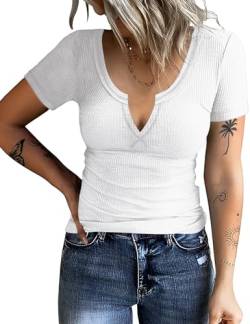 Rapbin Damen Kurzärmeliges T-Shirt mit V-Ausschnitt Sommer Basic Baumwolle Oberteile Frauen Kurzarmshirt Tops Tee Shirts (B-Weiß,S) von Rapbin