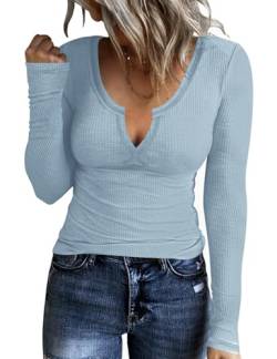 Rapbin Damen Langarmshirt Slim Fit Basic T-Shirt Oberteile Stretch Pullover V Ausschnitt Langarm Tops Tee Shirts (A-Blau,S) von Rapbin