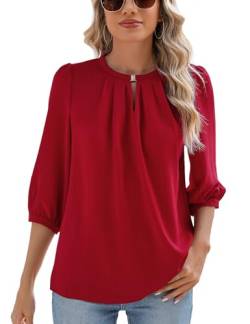 Rapbin Damen-Oberteil, V-Ausschnitt, Puffärmel, 3/4-Ärmel, elegant, lässig, Chiffon, Arbeitsbluse, plissiert, lockere Passform, S-XXL, Rotes Damen-Oberteil mit 3/4-Ärmeln, Groß von Rapbin