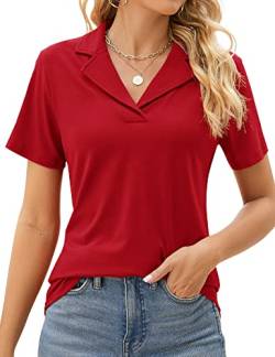 Rapbin Damen Poloshirts Revers Kragen V Ausschnitt Kurzarm Bluse Elegant Casual Tunika Tops, Rot/Ausflug, einfarbig (Getaway Solids), Mittel von Rapbin