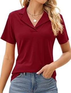 Rapbin Damen Poloshirts Revers Kragen V Ausschnitt Kurzarm Bluse Elegant Casual Tunika Tops, Weinrot, Klein von Rapbin