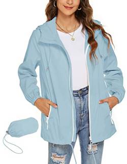 Rapbin Damen Regenjacke Leicht Wasserdicht Atmungsaktiv Sommer Jacken Windjacke Faltbare Dünne Regenmantel Sportjacke(Hellblau,XL) von Rapbin