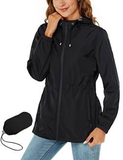 Rapbin Damen Regenjacke Wasserdicht Windbreaker Atmungsaktiv Packbare Regenmantel mit Kapuze ​Windjacke Outdoor Wandern Regenjacken Schwarz XL von Rapbin