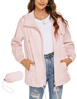 Rapbin Damen Übergangsjacke Wasserdicht Atmungsaktiv Faltbare Regenjacke Packbar Faltbare Dünne Outdoorjacke Sportjacke(Rosa,XXL) von Rapbin