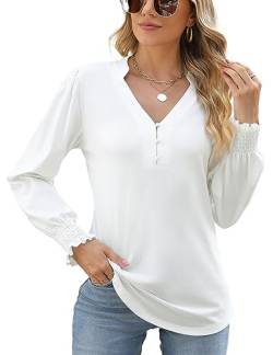 Rapbin Damen V-Ausschnitt Puff Langarm Knopfleiste Tunika Blusen Herbst Tops 2023 Rüschen Manschetten Dressy Casual T-Shirts, Langarmweiß, Mittel von Rapbin