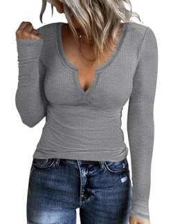 Rapbin Langarmshirts für Damen Slim Fit Basic T-Shirt Oberteile Stretch Pullover V Ausschnitt Langarm Tops Tee Shirts (A-Grau,XL) von Rapbin