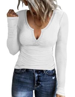 Rapbin Langarmshirts für Damen Slim Fit Basic T-Shirt Oberteile Stretch Pullover V Ausschnitt Longsleeve Tops Tee Shirts (A-Weiß,XXL) von Rapbin