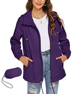 Rapbin Regenjacke Damen Dünn Leicht Atmungsaktive Regenmantel Wasserdicht Winddicht Windbreaker Windjacke(Violett,XXL) von Rapbin