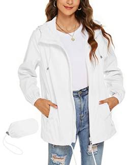 Rapbin Regenjacke Damen Dünn Leicht Wasserdicht Softshelljacke Wandern Reisen Fahrrad Regenmantel Windbreaker(Weiß,XL) von Rapbin