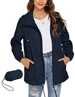 Rapbin Regenjacke Damen Wasserdicht Atmungsaktiv Leicht Jacke Packbar Faltbare Dünne Regenmantel Windbreaker(Navy Blau,L) von Rapbin