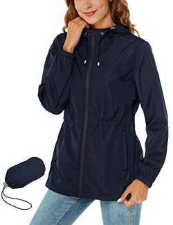 Rapbin Regenjacke Damen Wasserdicht Atmungsaktiv Leicht Outdoorjacke Windbreaker Packable Regenmantel mit Kapuze Grosse Groessen Navy Blau M von Rapbin