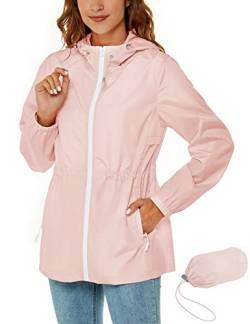 Rapbin Regenjacke Damen Wasserdicht Atmungsaktiv Leicht Outdoorjacke Windbreaker Packable Regenmantel mit Kapuze Grosse Groessen Rosa M von Rapbin