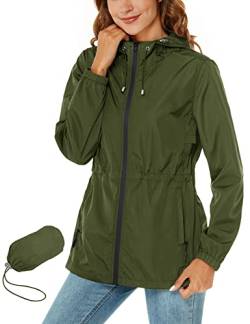 Rapbin Regenjacke Damen Wasserdicht Atmungsaktiv Leicht Outdoorjacke Windbreaker Packbare Regenmantel mit Kapuze ​Windjacke Wandern Regenjacken Armeegrün 3XL von Rapbin