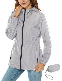 Rapbin Regenjacke Damen Wasserdicht Atmungsaktiv Leicht Outdoorjacke Windbreaker Packbare Regenmantel mit Kapuze ​Windjacke Wandern Regenjacken dunkelgrau S von Rapbin