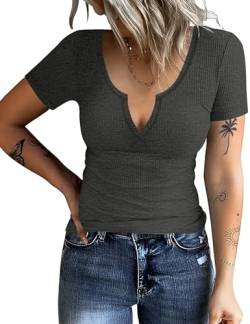 Rapbin Tshirt Damen Sommer Kurzärmeliges T-Shirt mit V-Ausschnitt Basic Baumwolle Oberteile Frauen Kurzarmshirt Tops (Dunkelgrau,XL) von Rapbin