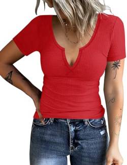 Rapbin Tshirt Damen Sommer Kurzärmeliges T-Shirt mit V-Ausschnitt Basic Baumwolle Oberteile Frauen Kurzarmshirt Tops (Rot,XL) von Rapbin