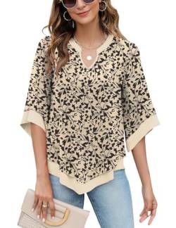 Rapbin Tunika Tops Damen Kurzarm Blumen V-Ausschnitt Blouse Casual Oberteile Doppellagige Female Flowy Tunika Shirts Aprikosendruck XL von Rapbin